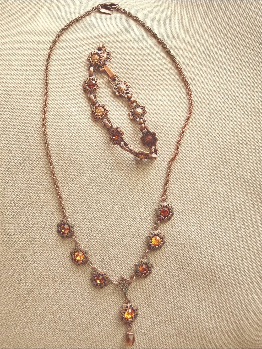 1928 Copper or Bronze-Tone Necklace and Bracelet Set with Amber Stones